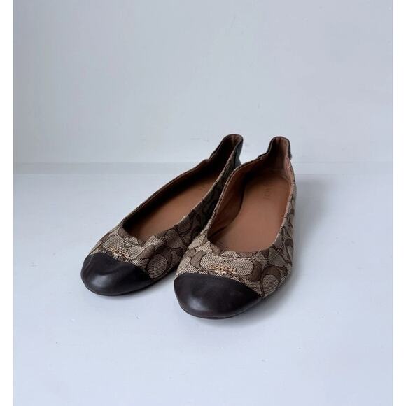 Coach Chelsea Ballet Flats Womens Size 8 B Tan Fabric Brown Leather - Picture 1 of 8